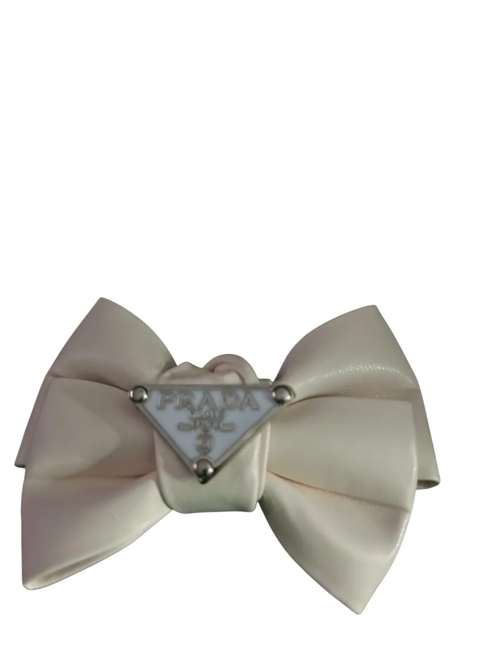 Cream leather Bow Hair Clip with Triangle Logo